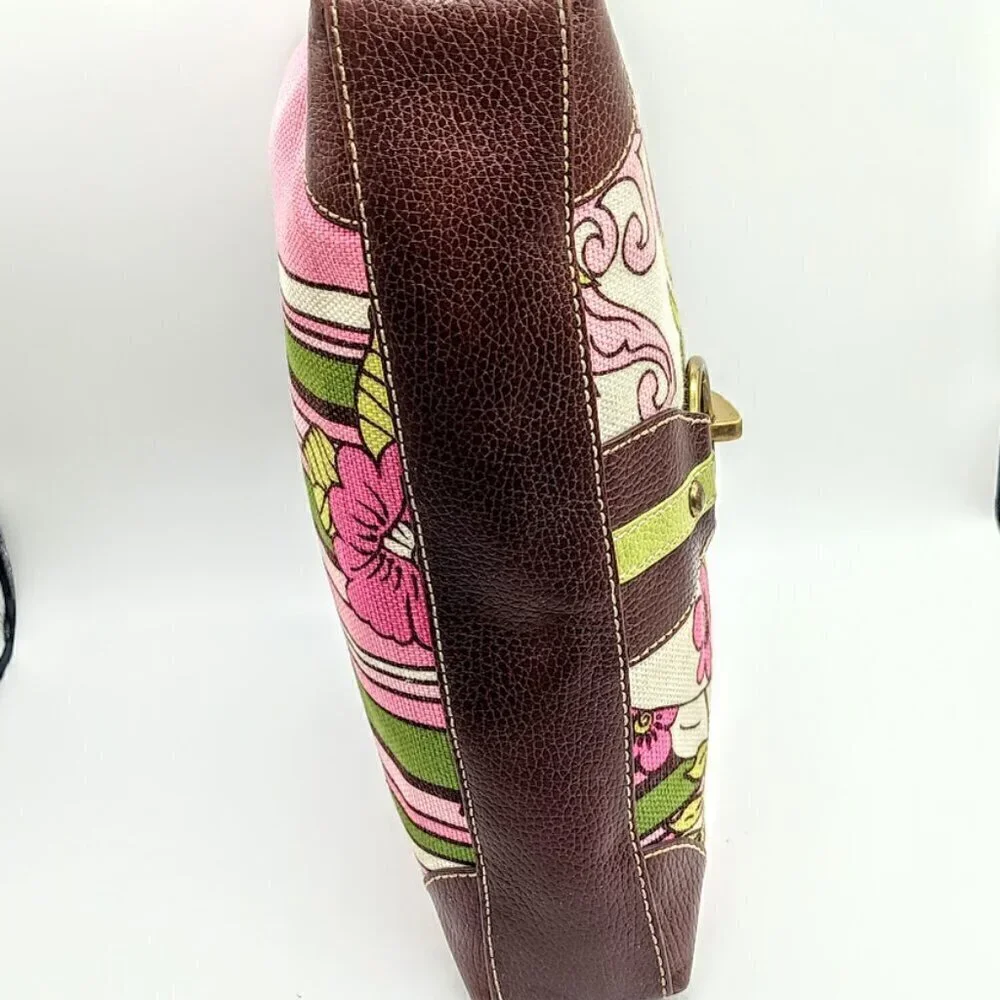 Isabella Fiore Pink Green Floral Canvas Brown Pebbled Leather Trim Bag